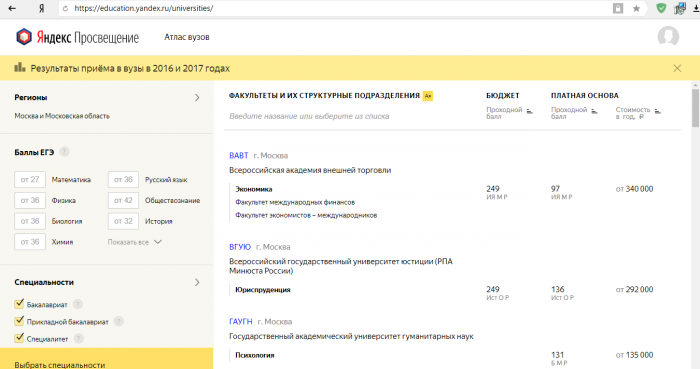 Атлас вузов от Яндекса - поступайте правильно